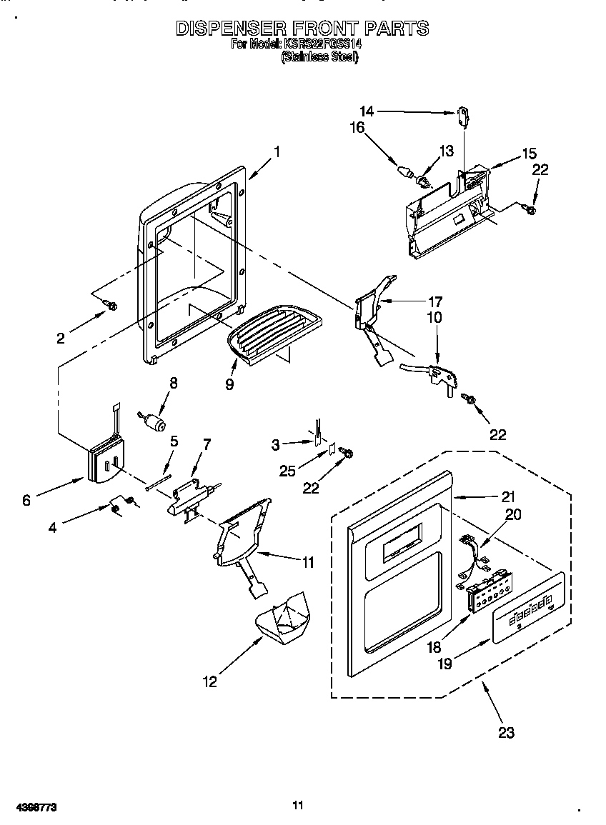 KitchenAid KSRS22FGSS14 dispenser front diagram
