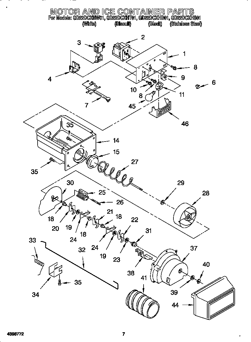 Whirlpool GD22DCXHB01 motor and ice container diagram