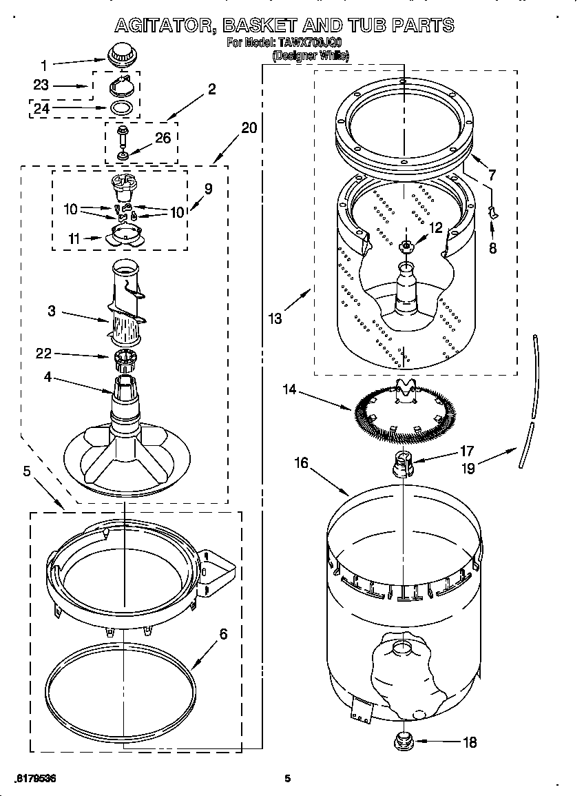 Estate TAWX700JQ0 agitator, basket and tub diagram