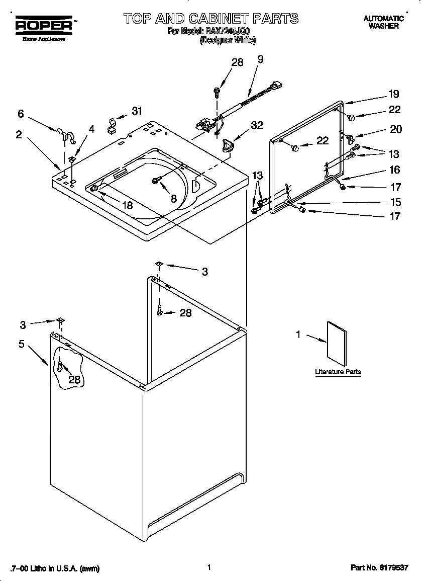 Roper RAX7245JQ0 top and cabinet diagram