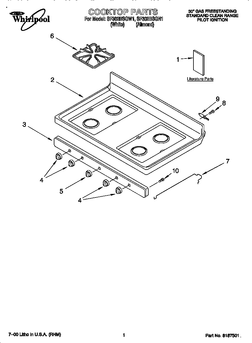 Whirlpool SF302BSGW1 cooktop diagram