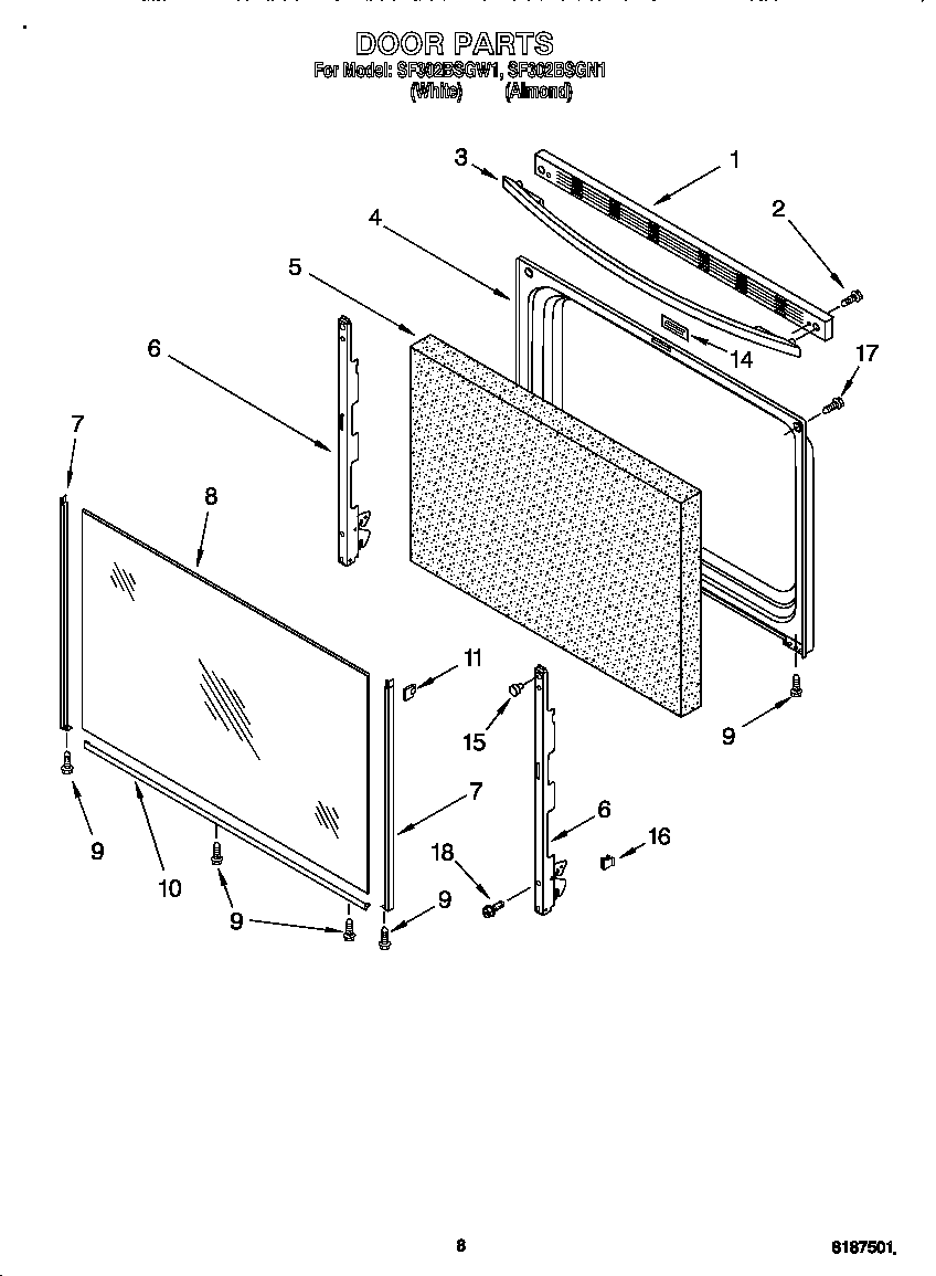 Whirlpool SF302BSGW1 door diagram