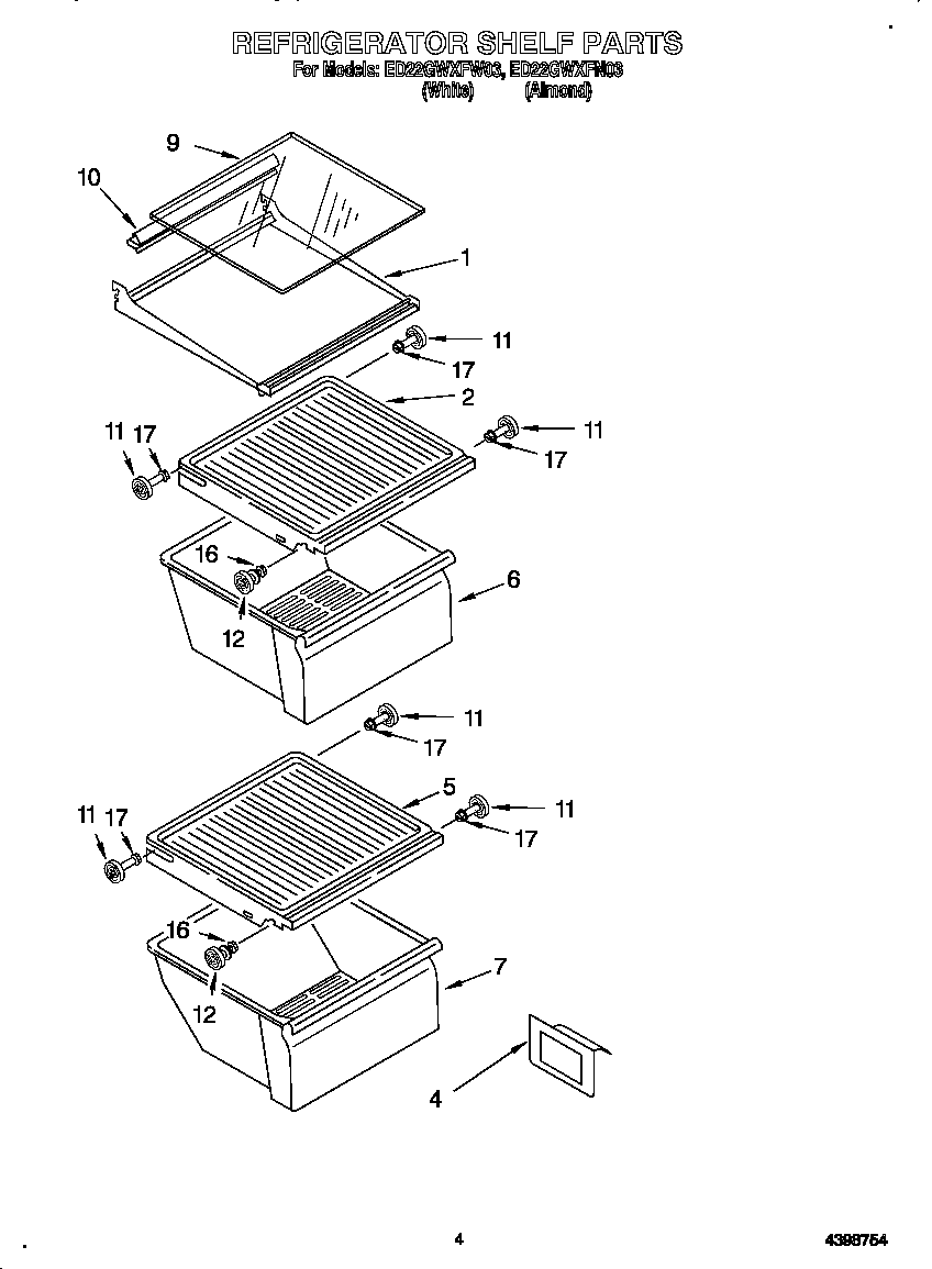 Whirlpool ED22GWXFW03 refrigerator shelf diagram