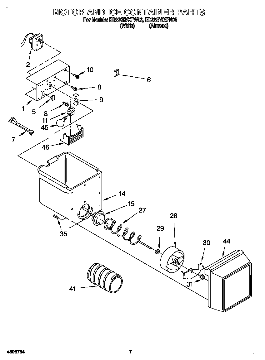 Whirlpool ED22GWXFW03 motor and ice container diagram