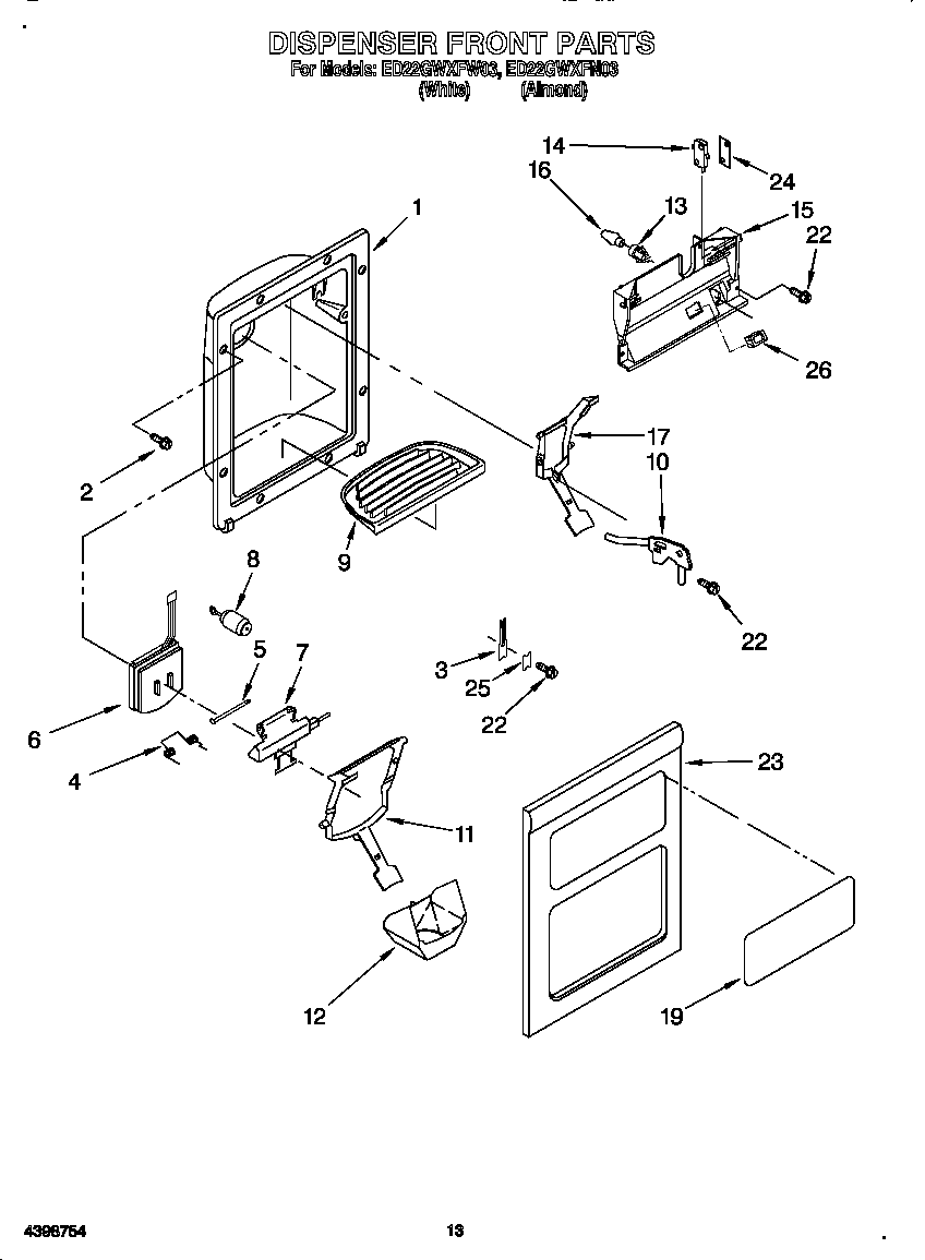 Whirlpool ED22GWXFW03 dispenser front diagram