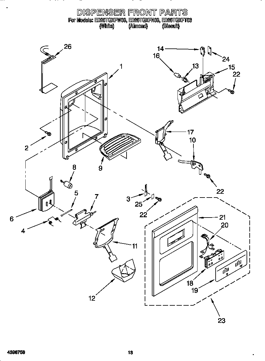 Whirlpool ED20TQXFW03 dispenser front diagram
