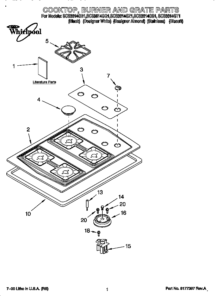 Whirlpool SCS3514GB1 cooktop, burner and grate diagram