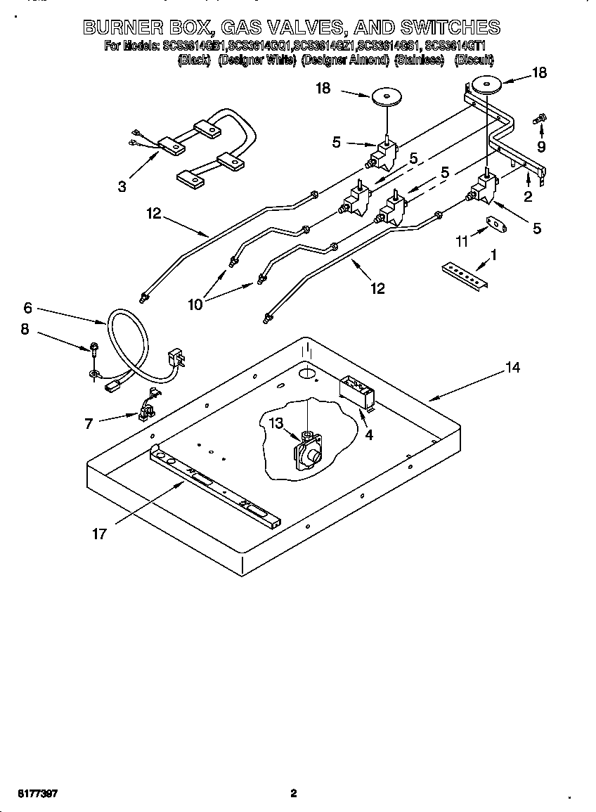 Whirlpool SCS3514GB1 burner box, valves, switches diagram