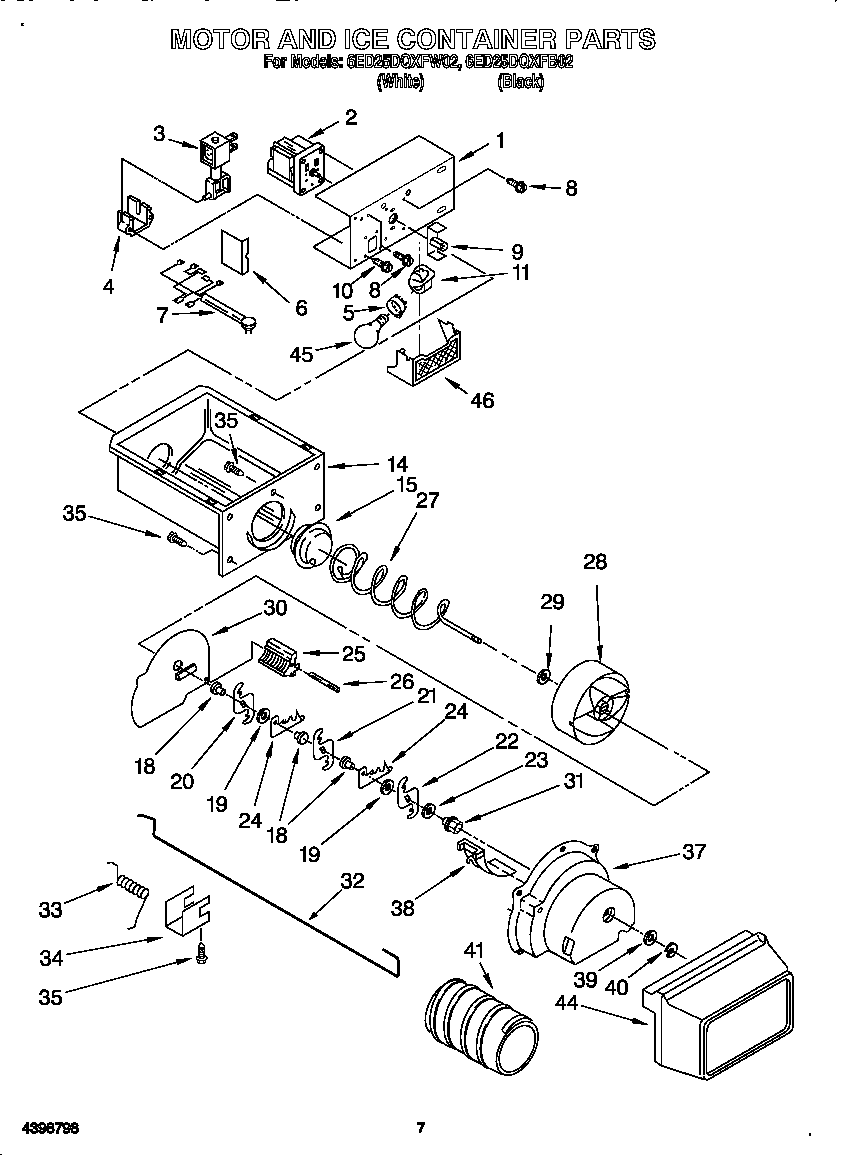 Whirlpool 6ED25DQXFB02 motor and ice container diagram
