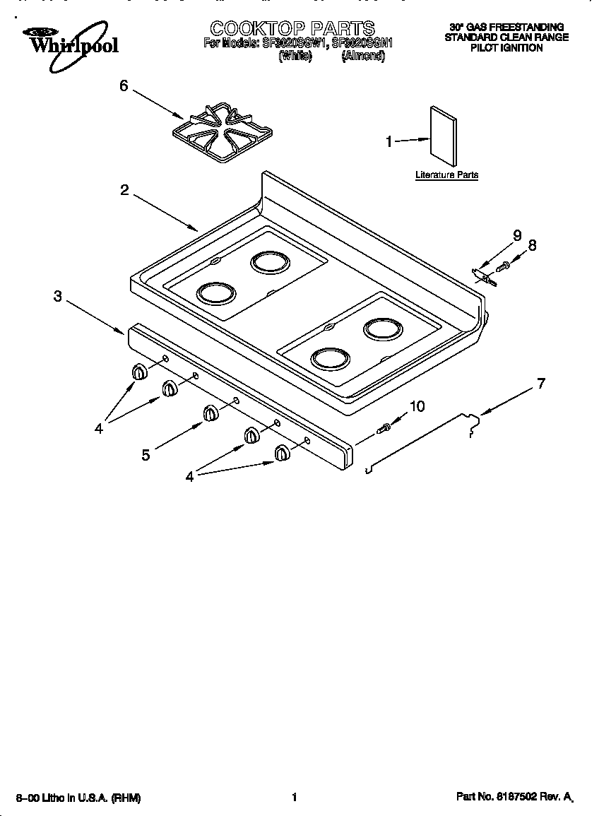 Whirlpool SF3020SGW1 cooktop diagram