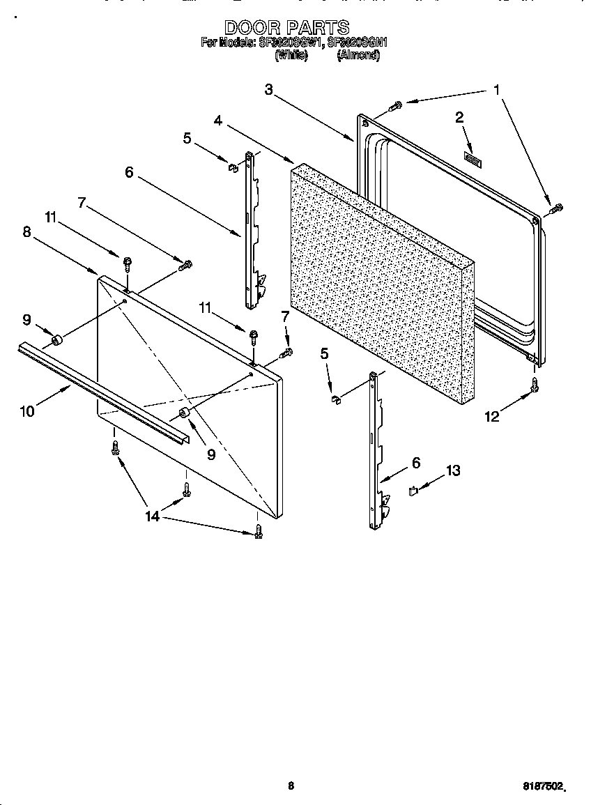Whirlpool SF3020SGW1 door diagram