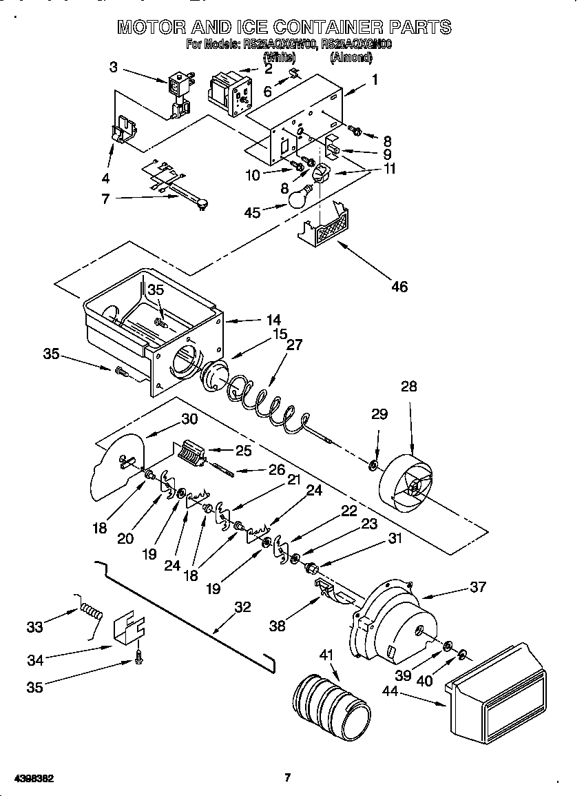Roper RS25AQXGW00 motor and ice container diagram