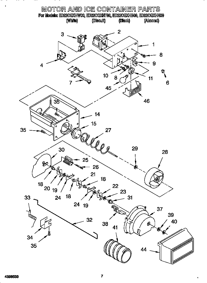 Whirlpool ED22CQXHB00 motor and ice container diagram