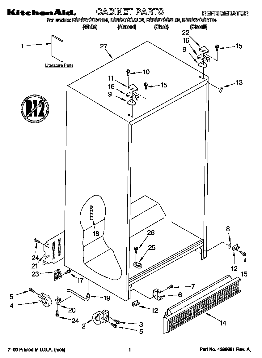 KitchenAid KSRS27QGBL04 cabinet diagram