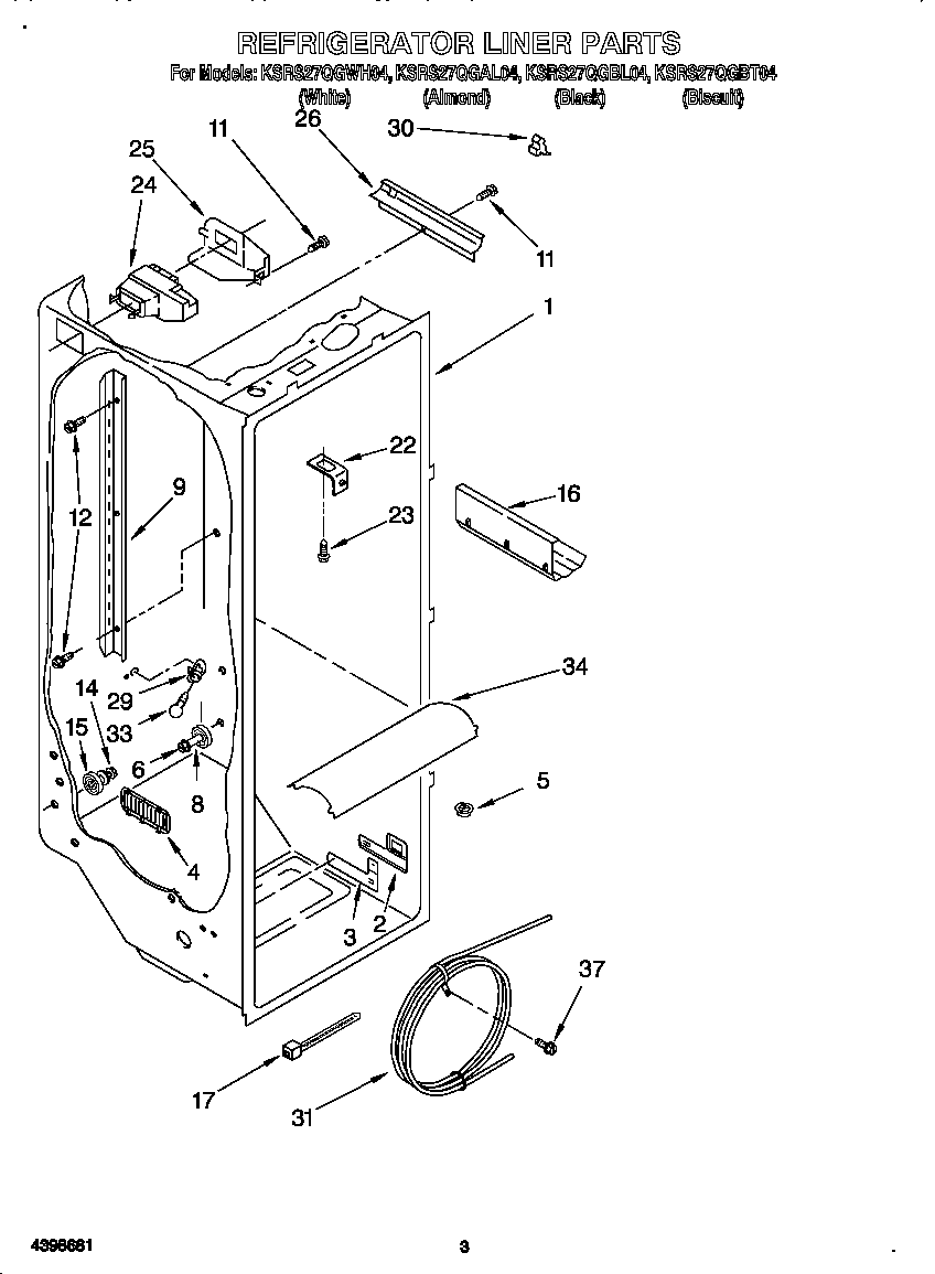 KitchenAid KSRS27QGBL04 refrigerator liner diagram