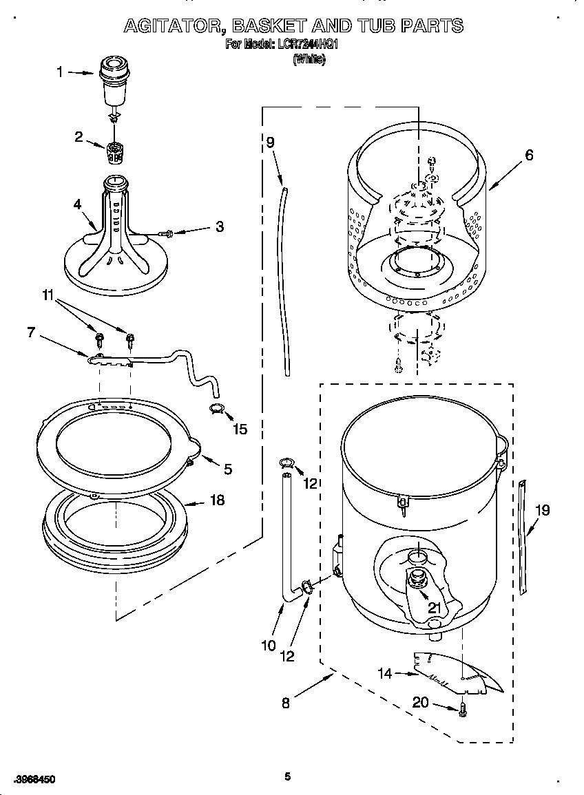 Whirlpool LCR7244HQ1 agitator, basket and tub diagram