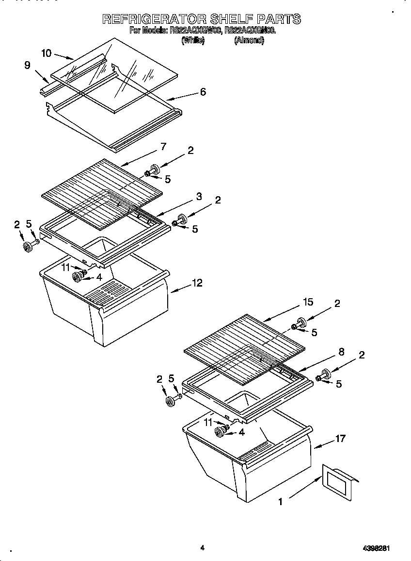 Roper RS22AQXGW00 refrigerator shelf diagram