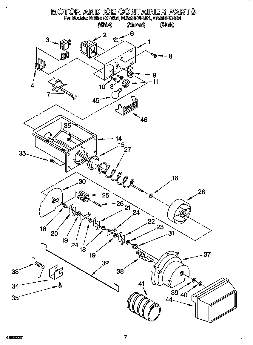Whirlpool ED25RFXFN01 motor and ice container diagram