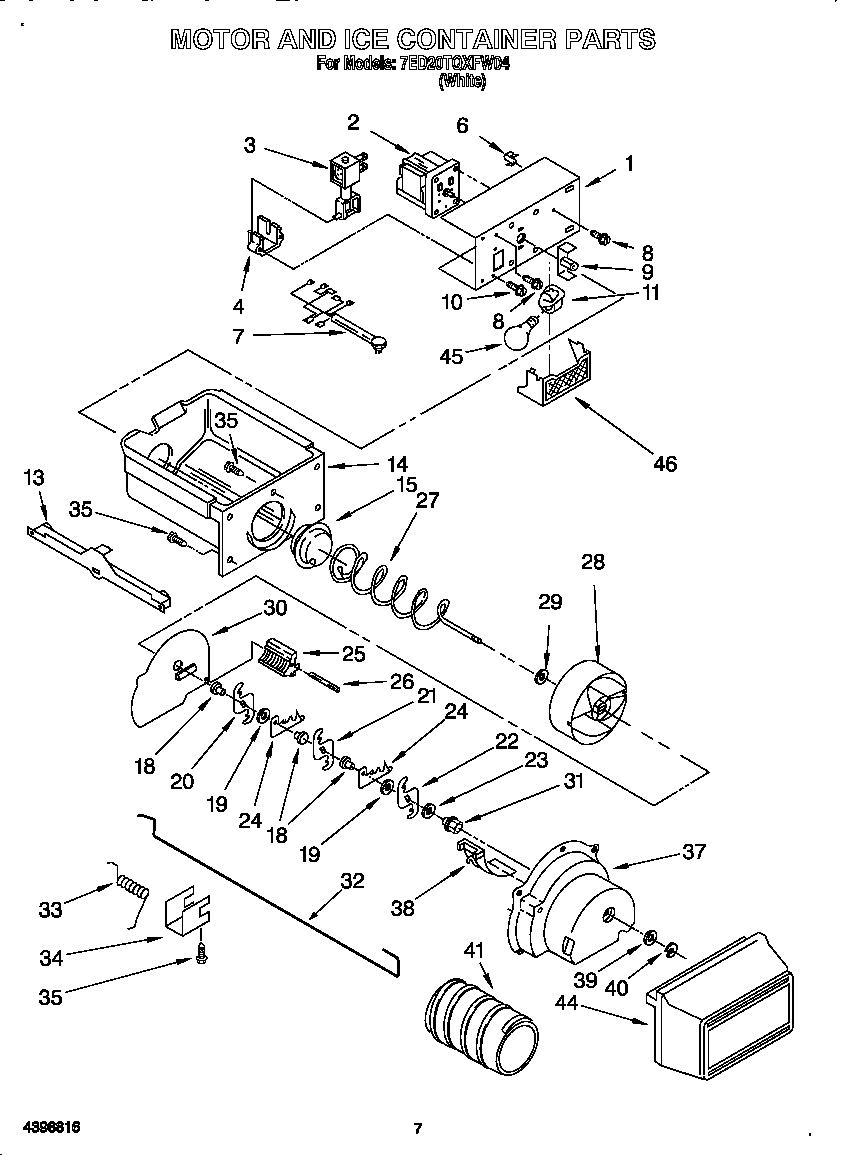 Whirlpool 7ED20TQXFW04 motor and ice container diagram