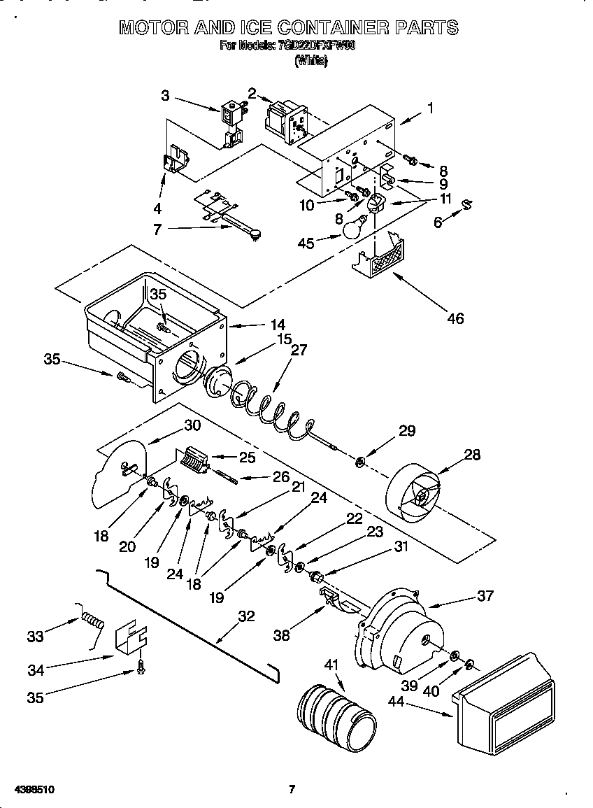 Whirlpool 7GD22DFXFW00 motor and ice container diagram