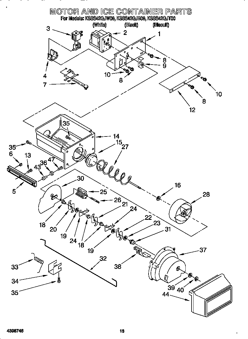 KitchenAid KSSS42QJW00 motor and ice container diagram