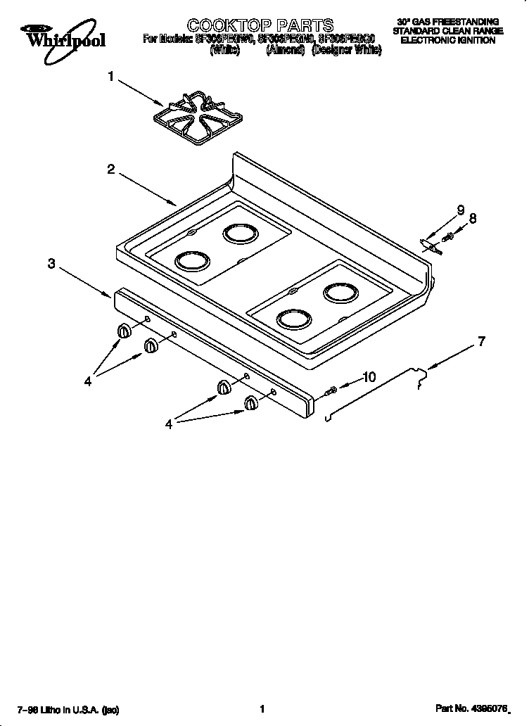 Whirlpool SF306PEGW0 cooktop diagram