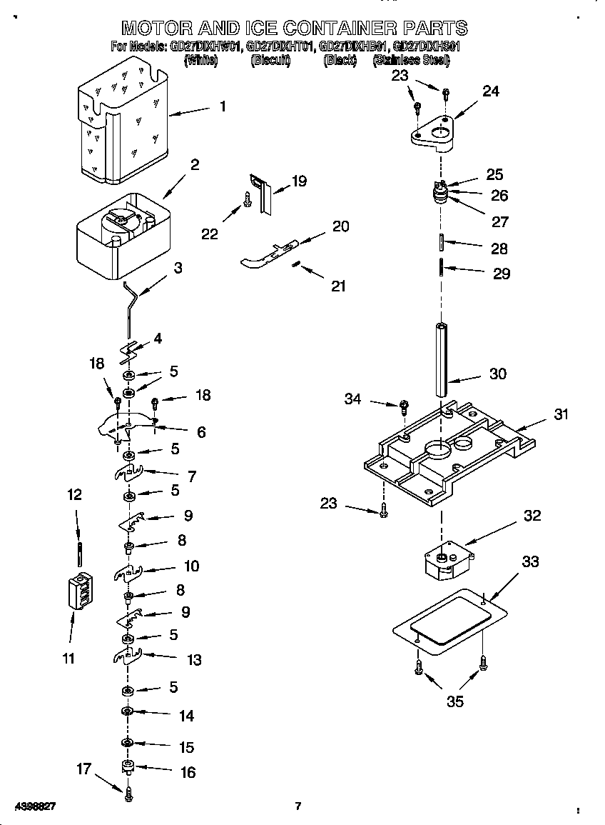 Whirlpool GD27DIXHW01 motor and ice container diagram