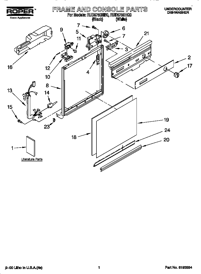 Roper RUD5750HB0 frame and console diagram