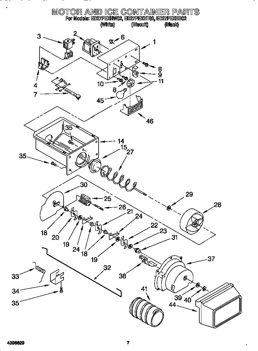 Whirlpool ED27PEXHW02 motor and ice container diagram