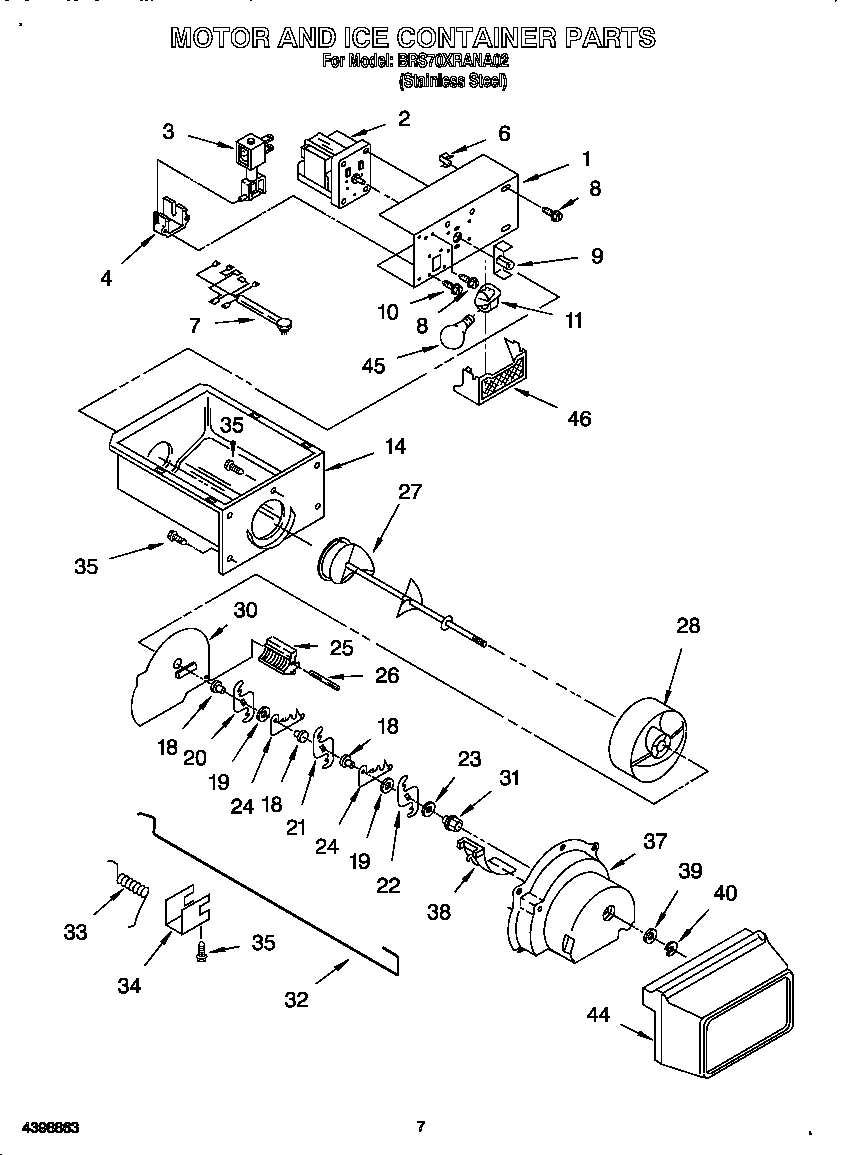 Whirlpool BRS70XRANA02 motor and ice container diagram