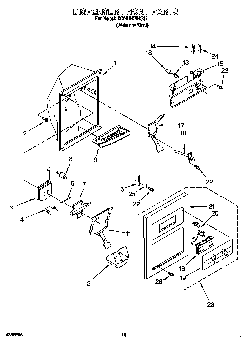 Whirlpool GD25DCXHS01 dispenser front diagram
