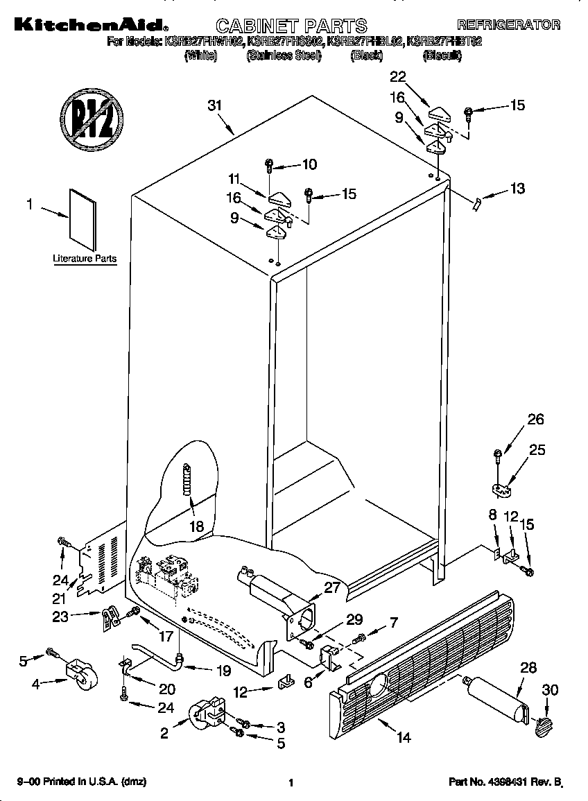 KitchenAid KSRB27FHWH02 cabinet diagram