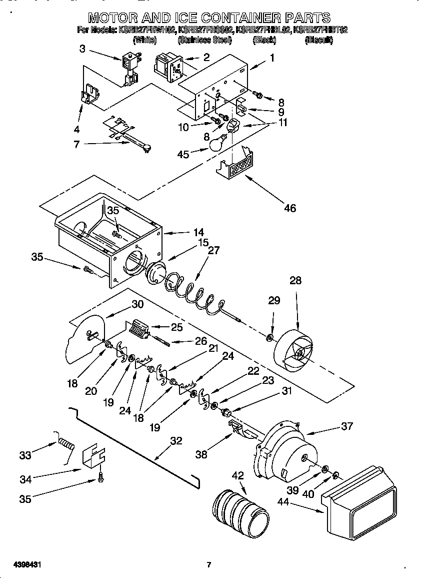 KitchenAid KSRB27FHWH02 motor and ice container diagram