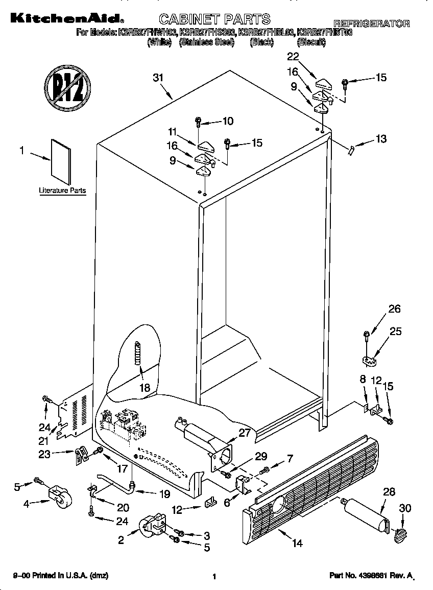 KitchenAid KSRB27FHWH03 cabinet diagram