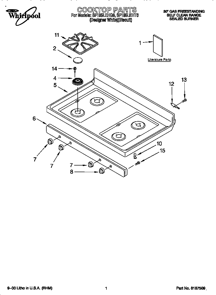 Whirlpool SF195LEHT6 cooktop diagram