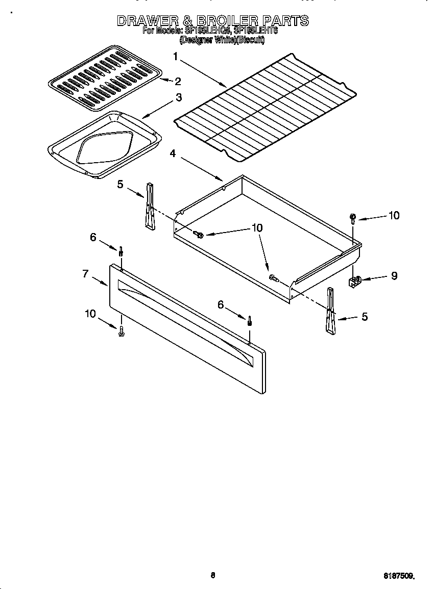 Whirlpool SF195LEHT6 drawer & broiler diagram