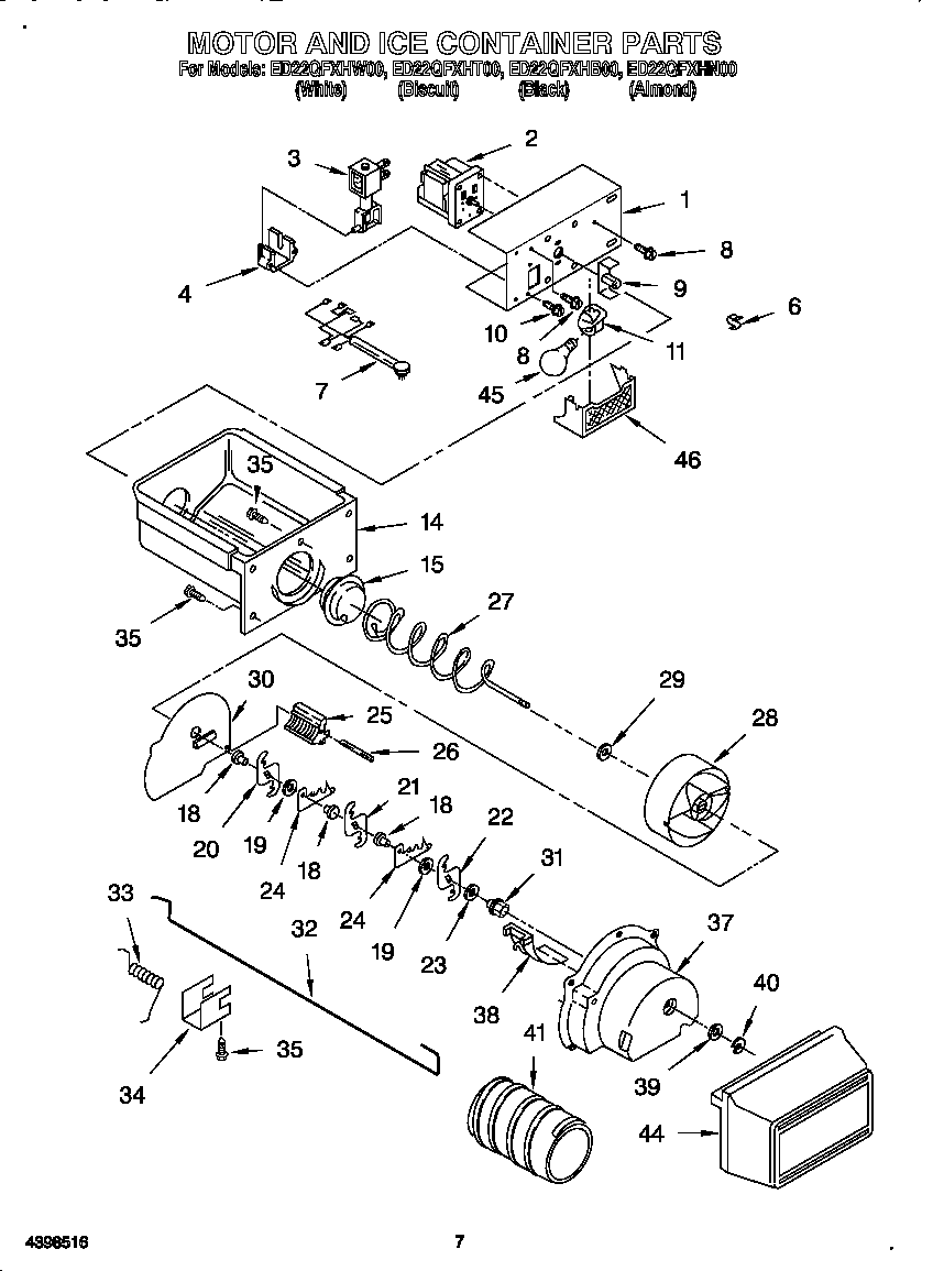 Whirlpool ED22QFXHW00 motor and ice container diagram