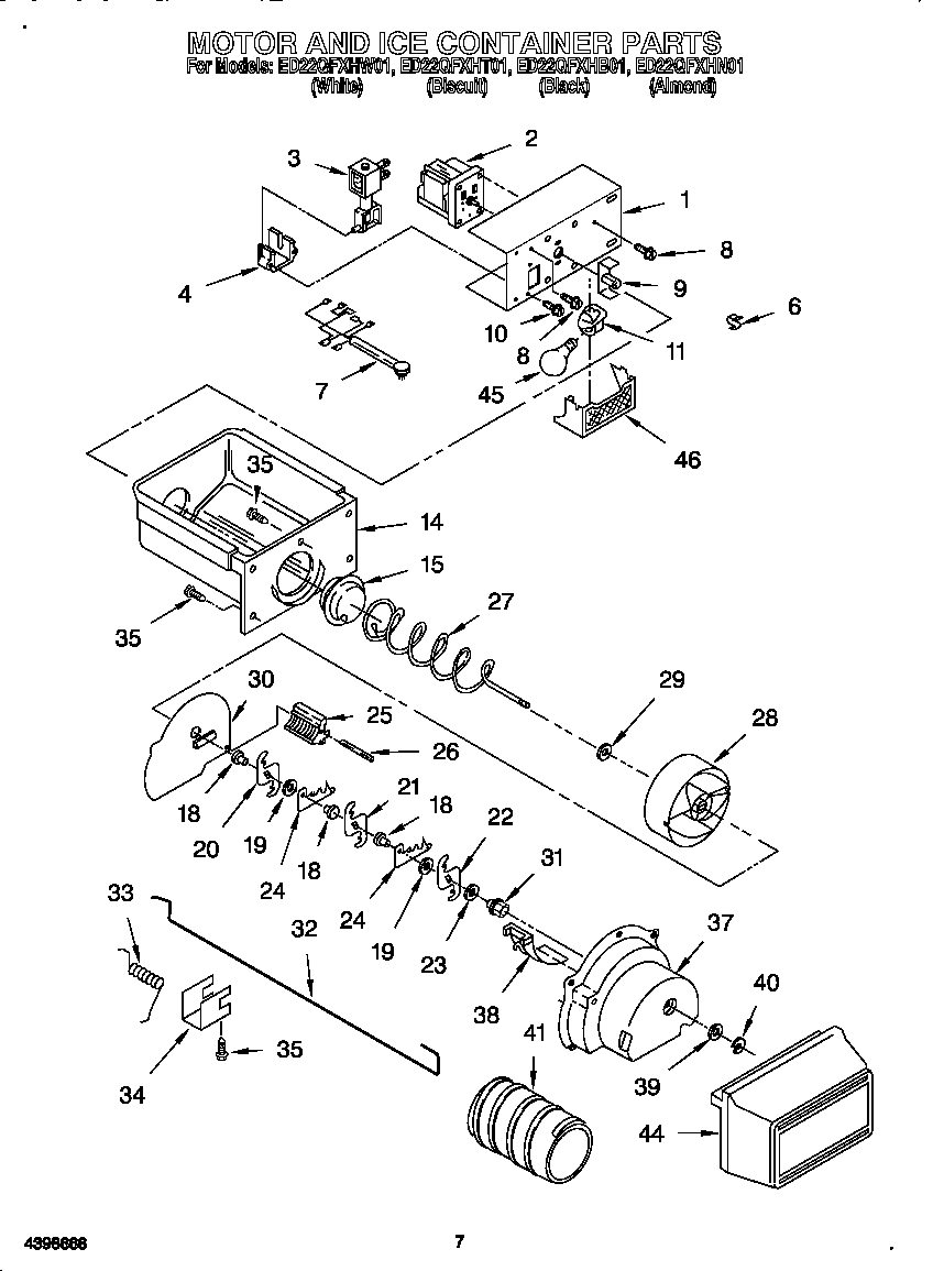 Whirlpool ED22QFXHW01 motor and ice container diagram