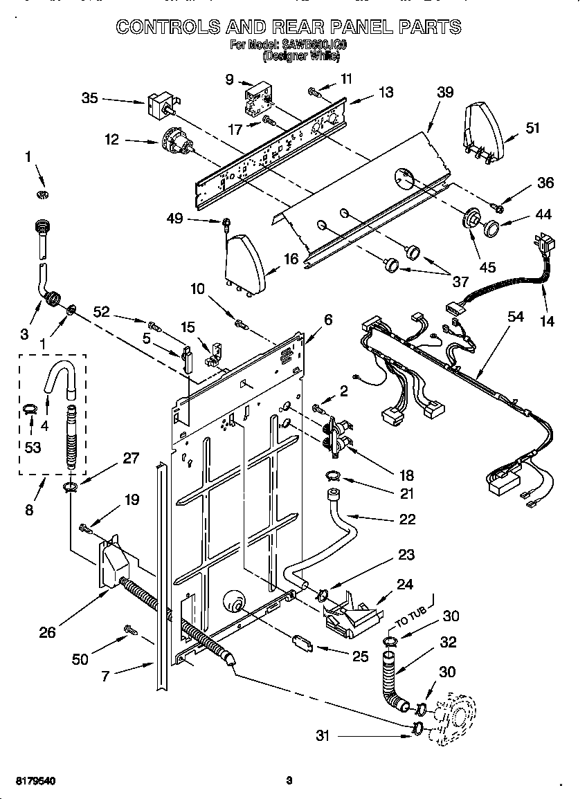Whirlpool SAWB600JQ0 controls and rear panel diagram