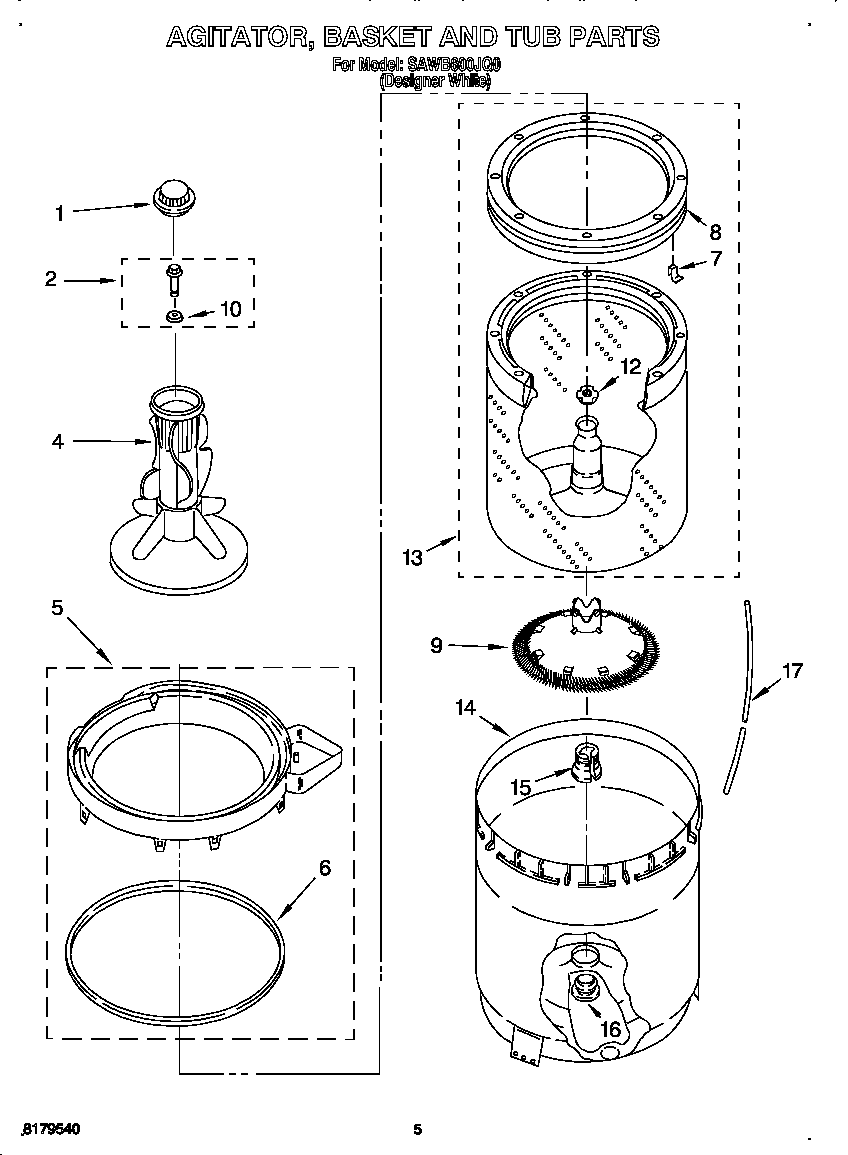 Whirlpool SAWB600JQ0 agitator, basket and tub diagram