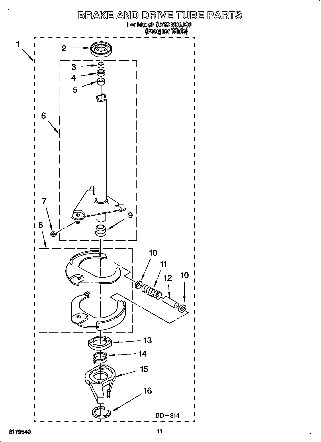 Whirlpool SAWB600JQ0 brake and drive tube diagram