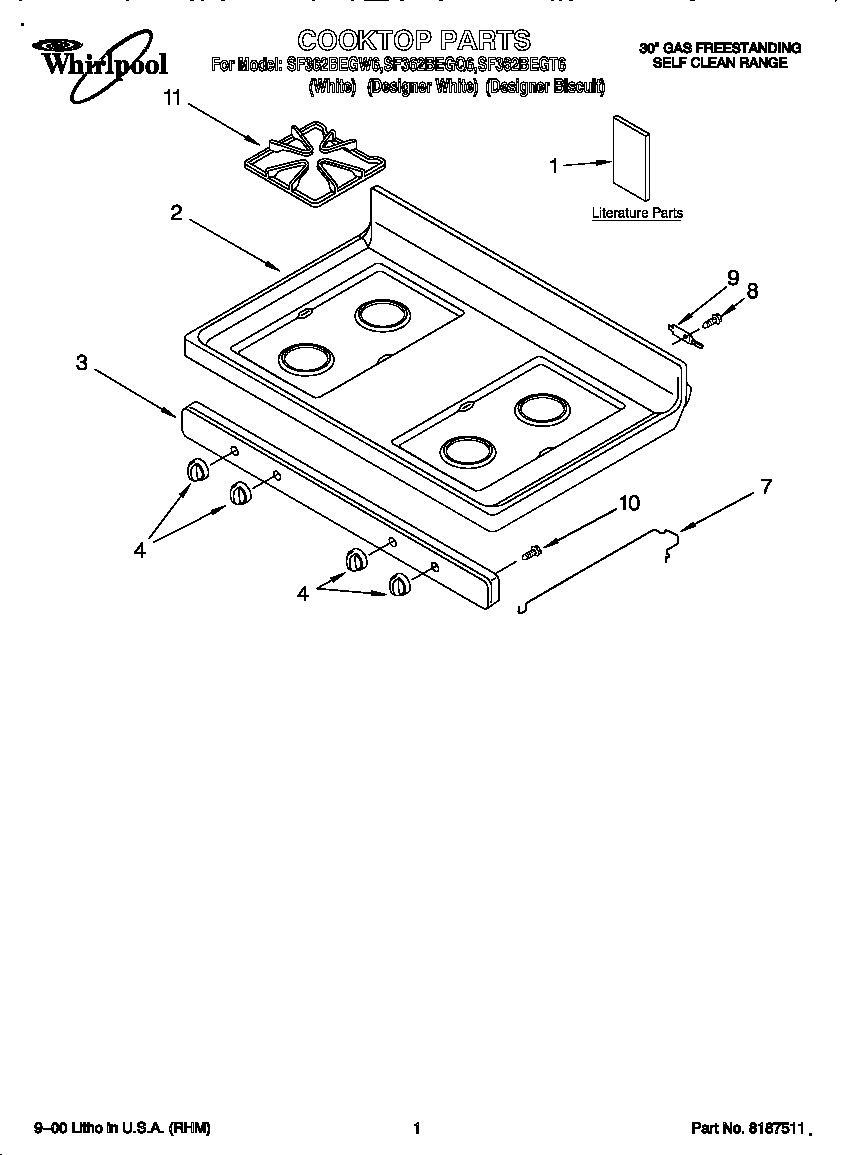 Whirlpool SF362BEGQ6 cooktop diagram