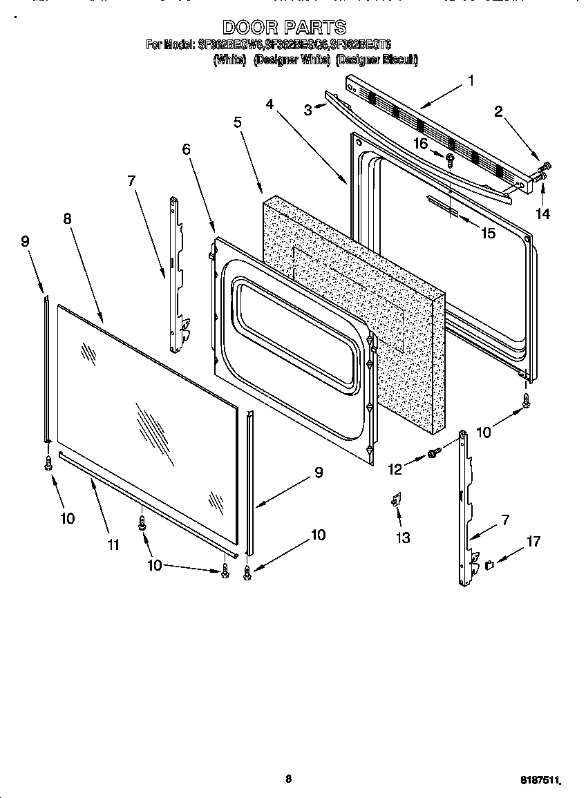 Whirlpool SF362BEGQ6 door diagram