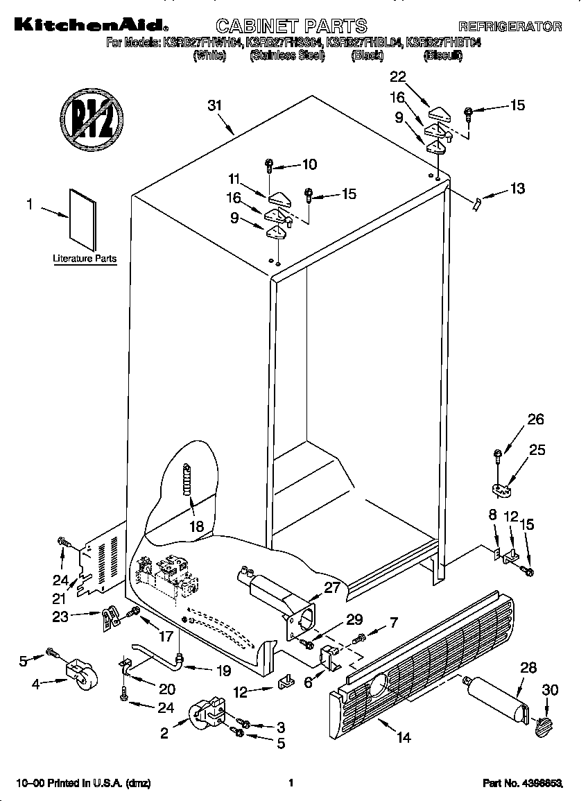 KitchenAid KSRB27FHWH04 cabinet diagram