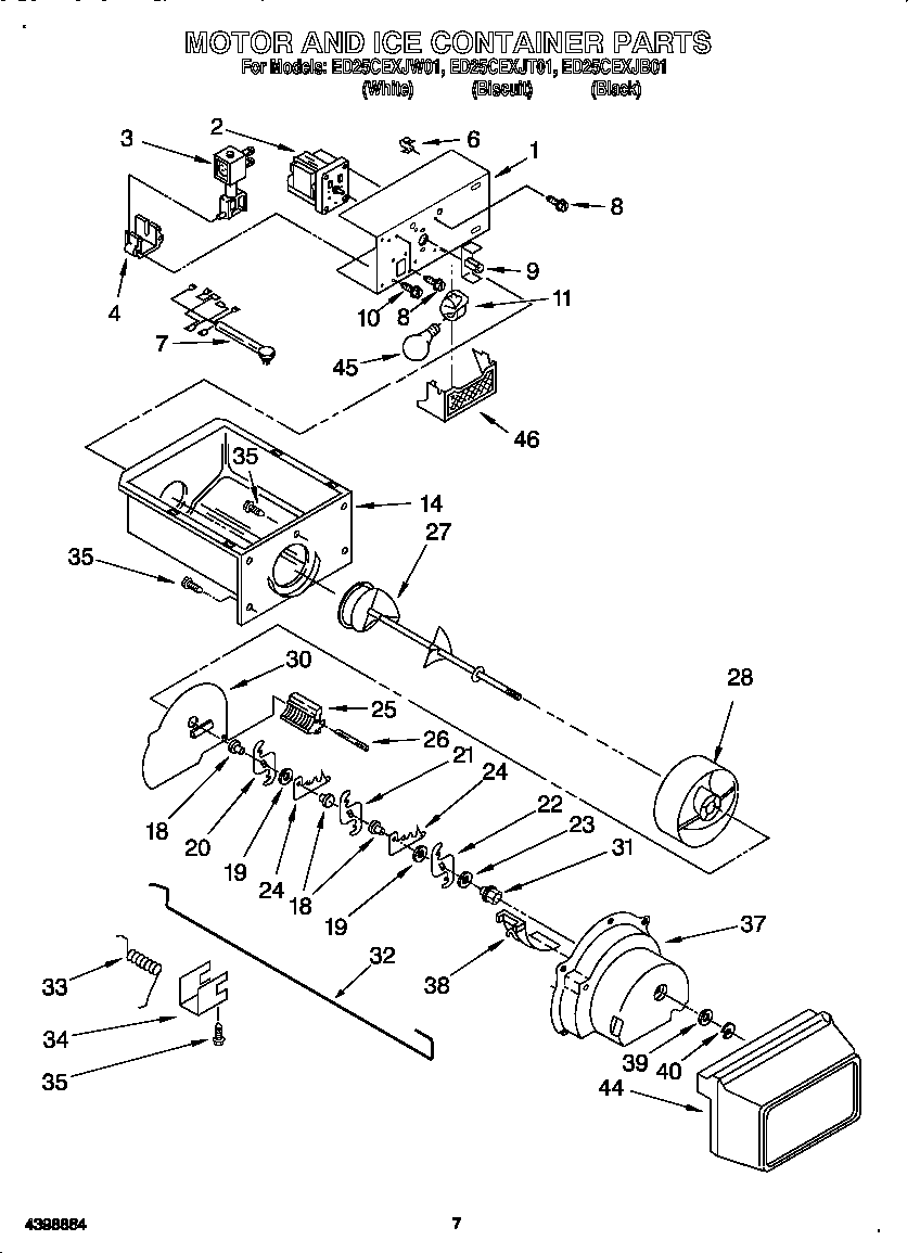 Whirlpool ED25CEXJB01 motor and ice container diagram