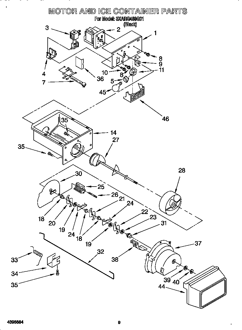 Whirlpool 3XARG488G01 motor and ice container diagram
