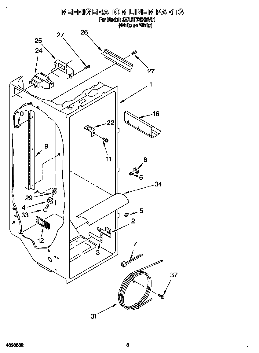 Whirlpool 3XART745GW01 refrigerator liner diagram