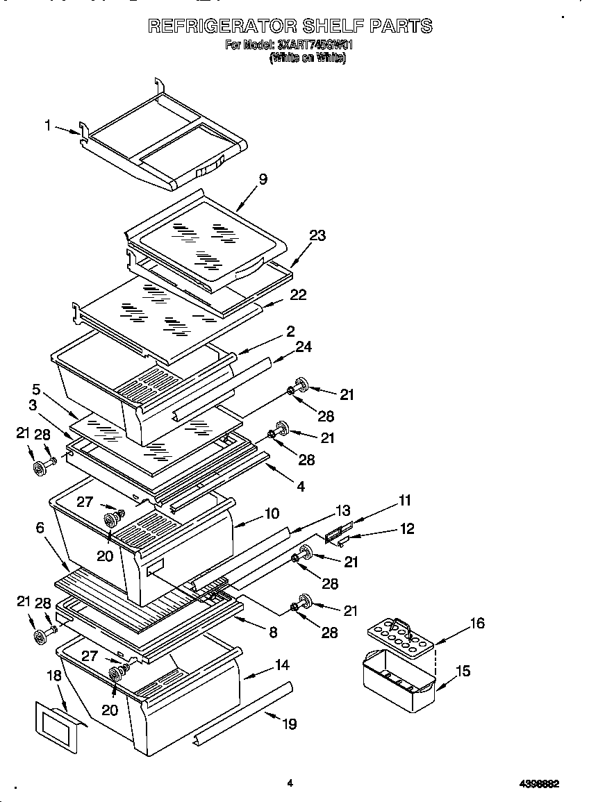 Whirlpool 3XART745GW01 refrigerator shelf diagram