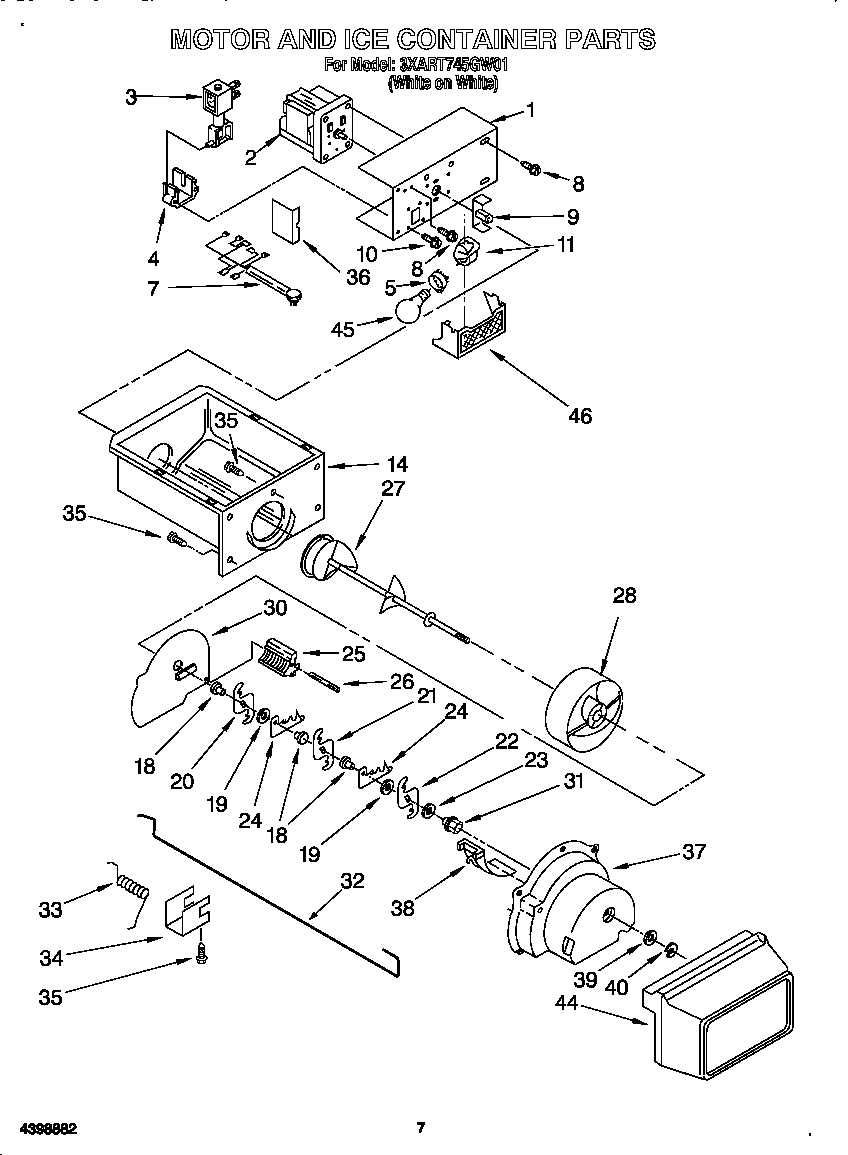 Whirlpool 3XART745GW01 motor and ice container diagram