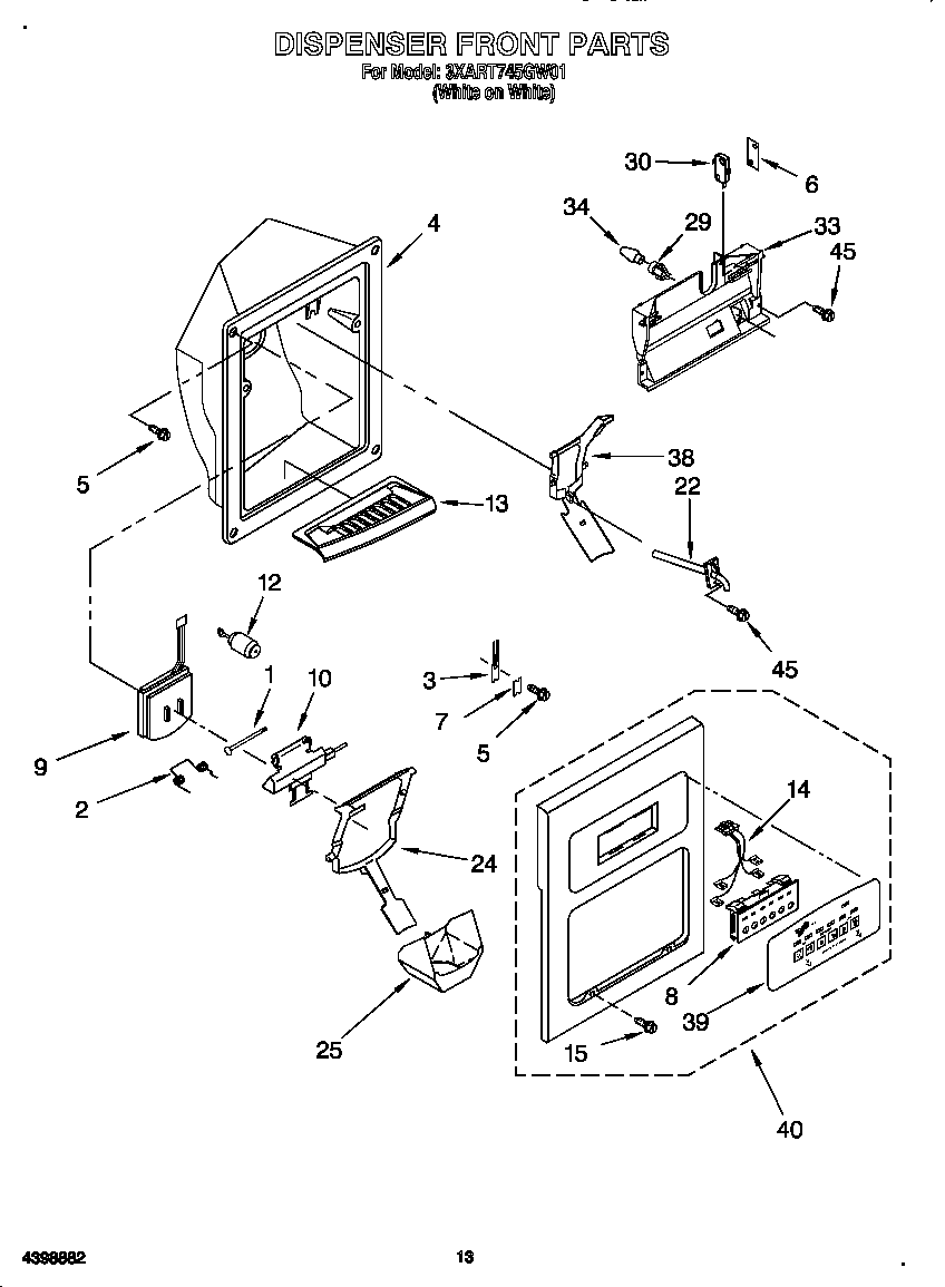 Whirlpool 3XART745GW01 dispenser front diagram